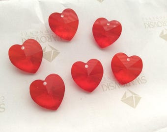 6 pieces Swarovski #6202 14mm Crystal Light Siam Red Heart Faceted Pendants Beads