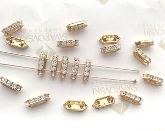 6 pieces Swarovski Crystal Clear 10x5mm 2-Hole Gold Plated Rhinestones Rondelle Bar Spacer Beads
