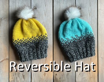 Reversible Winter Hat // Adult  Rain Droplets Hat for Women in Robin Egg Blue and Mustard // Snap Button Faux Fur Pom