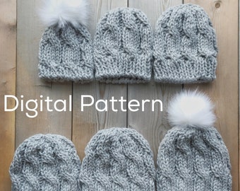 Bulky Cable Knit Hat Pattern in Multiple Sizes