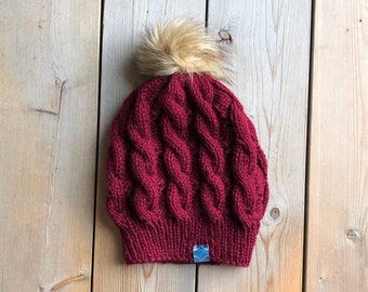 Burgundy/Maroon Cable Winter Hat for Women // Snap Button Faux Fur Pom