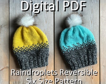 KNITTING PATTERN // REVERSIBLE // 6 Sizes / Newborn-Adult / Double Sided/ Raindroplets Ribbed Brim Hat