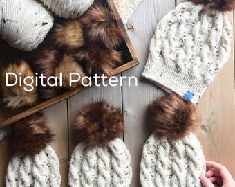 Pattern // Five Sizes // Cable Knit Hat Pattern // Mommy and Me Cable Knit Hat Pattern