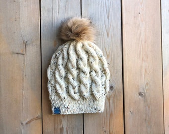 Ivory Fleck Cable Winter Hat for Women // Snap Button Faux Fur Pom