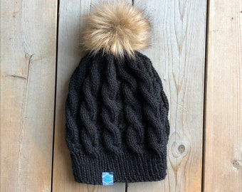 Black Cable Winter Hat for Women // Snap Button Faux Fur Pom