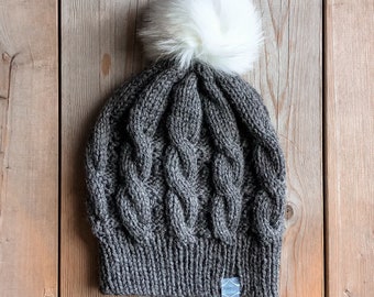 Dark Grey Cable Winter Hat for Women // Snap Button Faux Fur Pom