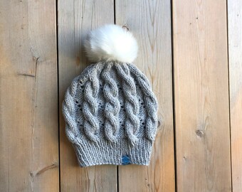 Light Grey Cable Winter Hat for Women // Snap Button Faux Fur Pom