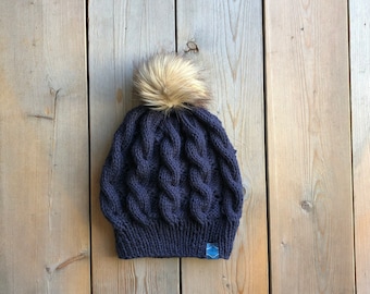 Navy Cable Winter Hat for Women // Snap Button Faux Fur Pom