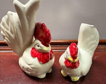 Vintage Rooster & Hen Chicken White Salt Pepper Shakers Japan Hand Painted