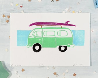 Surfing Van Life 4x6 Linocut Art Print, Mint Green Orange VW Bus Campervan