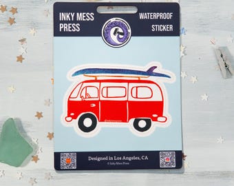 Roter Campervan wasserdichter Aufkleber für Wasserflasche, Laptop Aufkleber