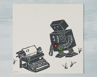 Roboter in Liebe 4x4 Original Linolschnitt Kunst Block Print