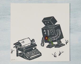 Robot in Love 4x4 Original Linocut Block Print