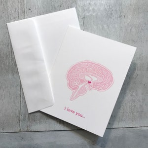 Tarjeta de felicitación impresa con letras para San Valentín o aniversario de ciencia nerd con el cerebro anatómico "Te amo desde lo más profundo de mi hipotálamo"