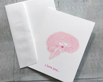Anatomical Brain "I Love You from the Bottom of My Hypothalamus" Nerdy Science Valentine's or Anniversary Letterpress Greeting Card