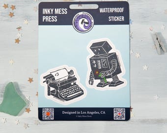 2er Set Roboter und Schreibmaschine in Love, wasserfester Stickerbogen mit 2 Stickern für Wasserflasche, Laptop Aufkleber
