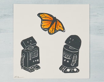 Robots Admiring the Butterflies 4x4 Hand Colored Linocut Art Print