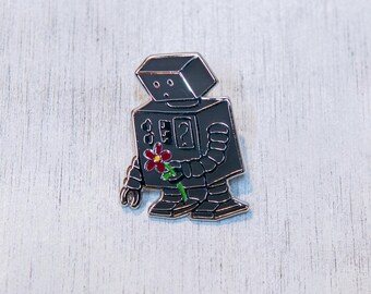Emaille Pin: Verliebter Roboter mit Blume, 3.2cm
