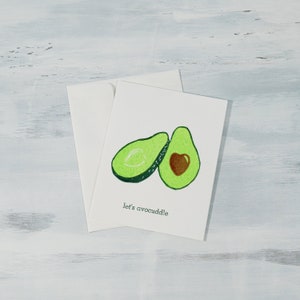 Cute Avocado with Heart Pit "Let's Avocuddle" Valentine's Love Pun Blockprinted Blank Greeting Card