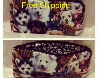 FREE shipping Dogs pencil case with black zipper 100% Cotton