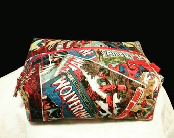 Fast Shipping Superhero comestic bag wristlet  makeup bag toiletry bag travel case gym bag  red zipper 100% Cotton ready to ship