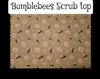 Fast Shipping Bumble Bee scrub top sizes xs to xl made to order 100% Cotton red backgroud  with two front pockets