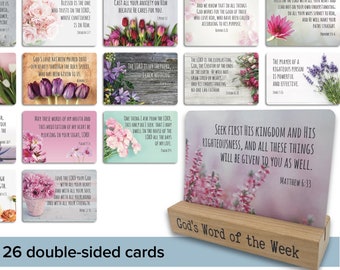 Bible Verse Cards & Holder | 52 Scriptures on 26 double-sided 5x3.5” high quality cards | Beech wood card holder | Floral