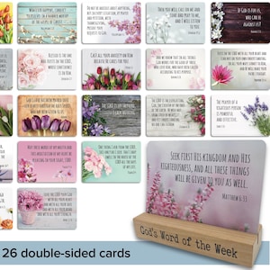 Bible Verse Cards & Holder | 52 Scriptures on 26 double-sided 5x3.5” high quality cards | Wood holder | Easter, Mother&#39;s Day, Graduation