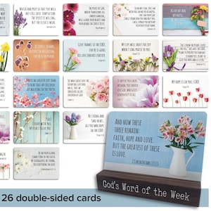 Bible Verse Cards & Holder | 52 Scriptures on 26 double-sided 5x3.5” high quality cards | Walnut wood | Easter, Mother&#39;s Day, Graduation