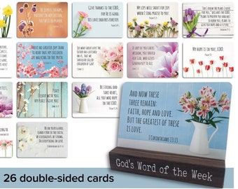 Bible Verse Cards & Holder | 52 Scriptures on 26 double-sided 5x3.5” high quality cards | Walnut card holder | Floral design