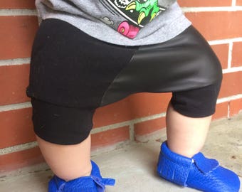 Toddler Shorts, Black Leather, Leather Shorts, Toddler Boy Shorts, Harem Shorts, Baby Boy Shorts, Baby Clothes, Baby, Harem, Baby Shorts