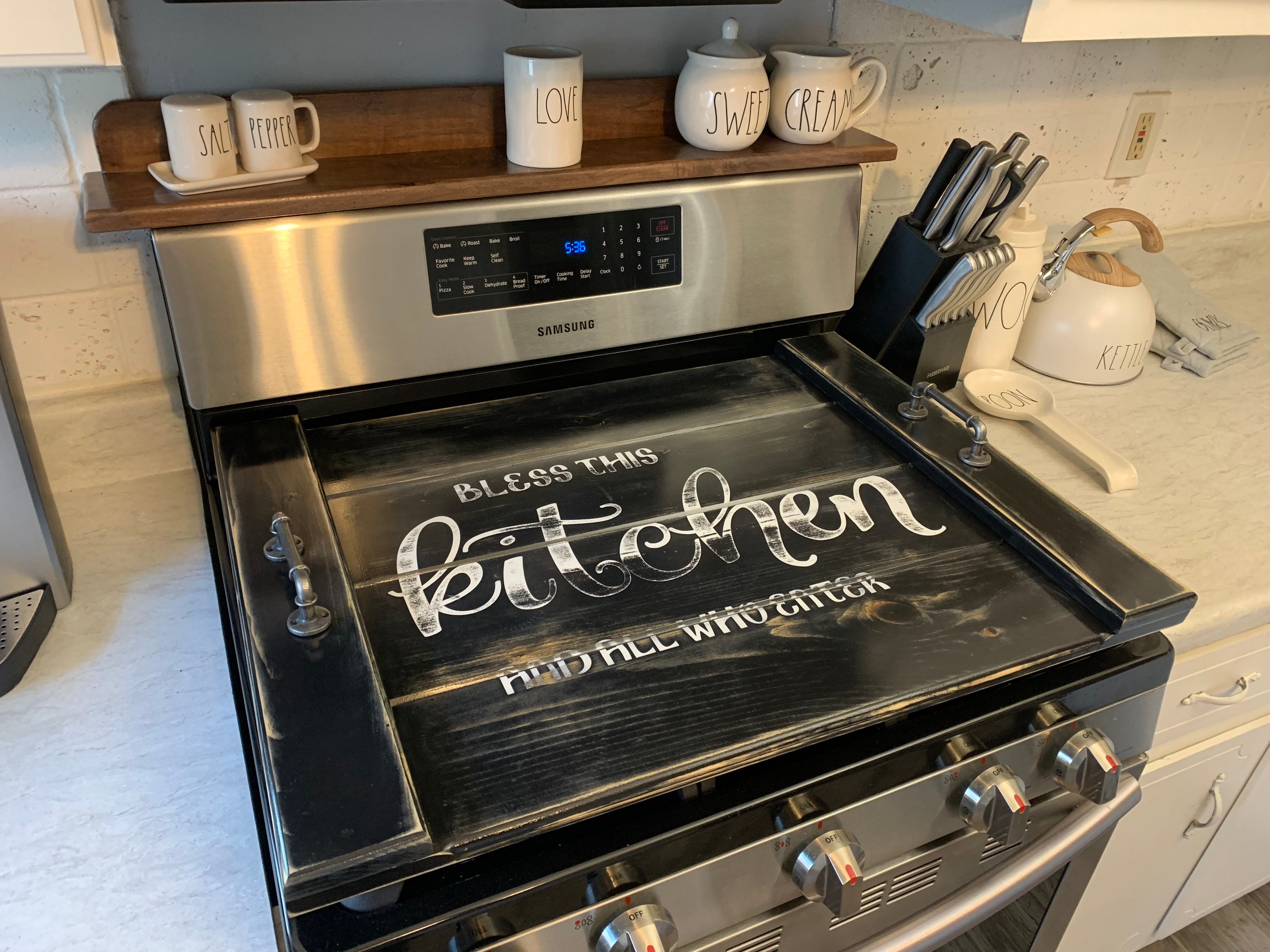 Dark Burnt Wood Stove Top Cover, Jumbo Decorative Farmhouse Serving Tray  with Industrial Black Metal Pipe Handles