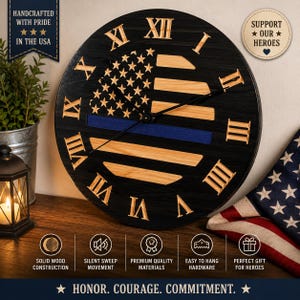 May include: A round wooden wall clock featuring a black finish with a carved American flag design, a horizontal blue stripe, and light wood Roman numerals. The clock has black hands and includes text labels for construction and quality features.