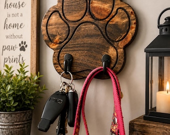 Solid Wood Paw Print Leash Holder with Double Hooks