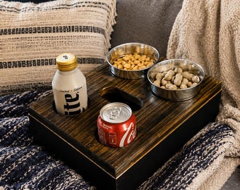 Handmade Wooden Couch Tray with Snack Bowls & Cup Holders – Remote Slot Organizer