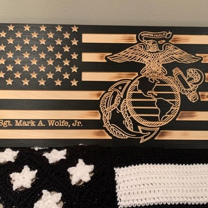 Rustic American Marine EGA Wooden flag custom made from premium pine wood &quot;Official Hobbyist of the USMC; license number 23085&quot;