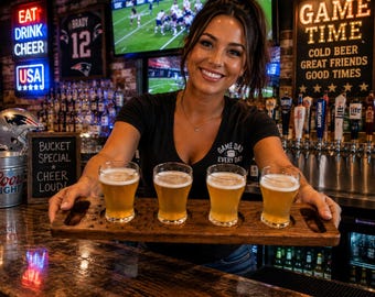 American Flag Engraved Walnut Beer Flight with 4 Glasses