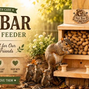 May include: A light-colored wooden squirrel feeder with a sign reading NUT BAR SQUIRREL FEEDER. The feeder has a compartment filled with peanuts in shells and a small plaque with a squirrel icon. A separate small sign reads GOOD FRIENDS GOOD FOOD & GOOD TIMES.