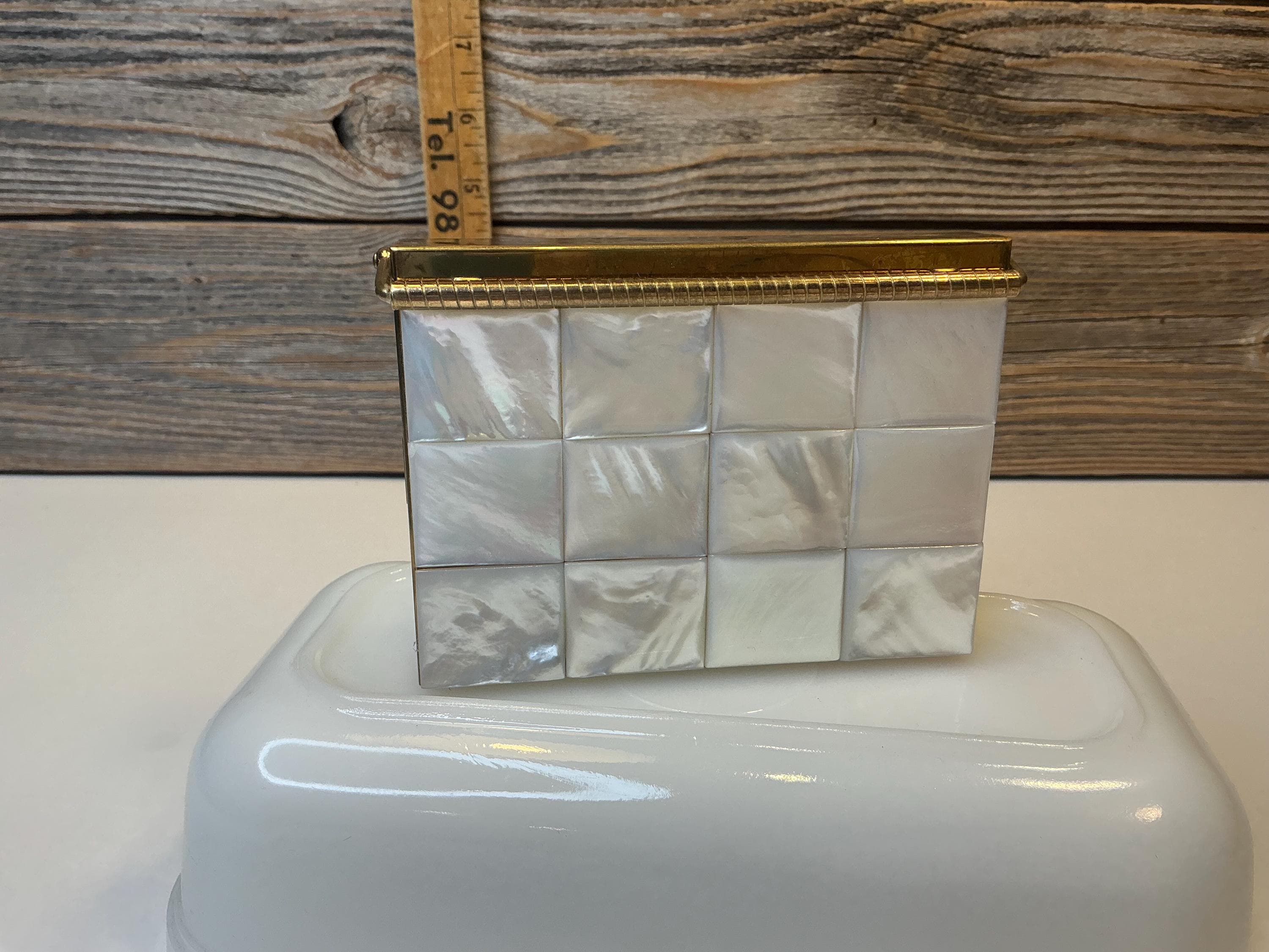 Old Volupte USA powder compact mother of pearl and gold tone