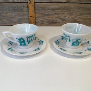 Vintage Hazel Atlas 2 cups and saucer kitchen turquoise 50&#39;