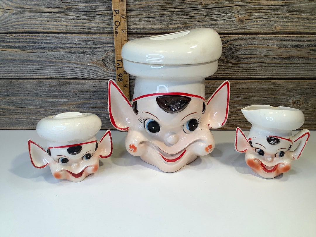 Vintage Japan Cookie Jar, Creamer and Sugar Head Elf RARE 50' Etsy