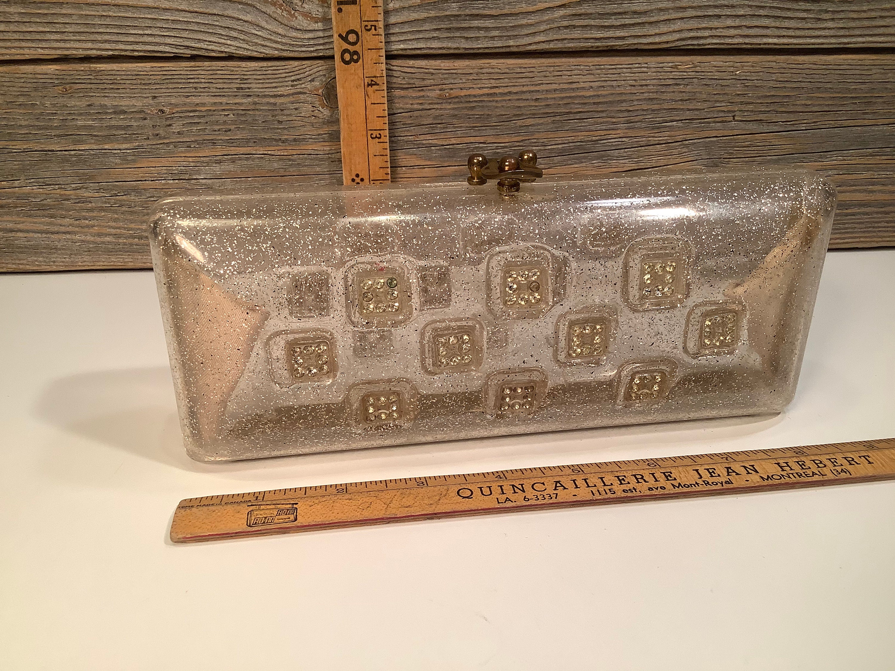 Vintage Clear Carved Lucite Rhinestone Clutch Purse – Long Beach Antique  Mall