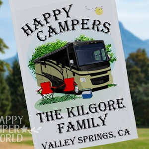 Happy Campers, Personalized Class A Motorhome Camp Flag, Campsite Flag, RV Decor, Camping Sign, Motor Home Decor, Camp Banner, White Fabric