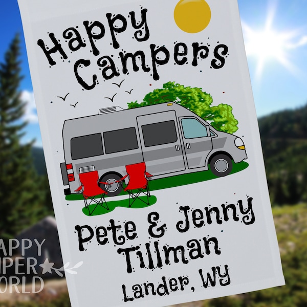 Personalized Camping Flag, Class B Motor Home, "Happy Campers" Flag, RV Camping Sign, Custom Camper Flag, Vintage Camper Decor, Camp Decor