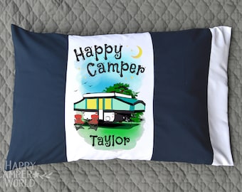 Happy Camper Personalized Pillowcase, Custom Pillow Case, Camping Pillowcase, Personalized Gift, Pop-Up Trailer Decor, Navy and White