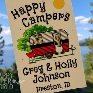 Personalized Happy Campers Camping Flag with Vintage Camper and 3 Lines of Your Custom Text, Tan Fabric image 5