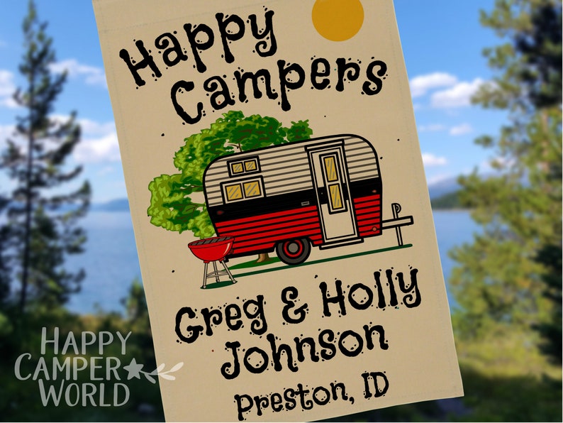 Personalized Happy Campers Camping Flag with Vintage Camper and 3 Lines of Your Custom Text, Tan Fabric Red/Black