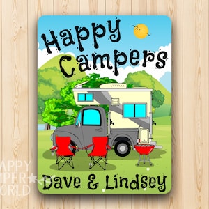 Personalized Aluminum Wall Sign, Happy Campers, Truck and Camper in choice of 6 colors, Measures 12&quot;H X 9&quot;W