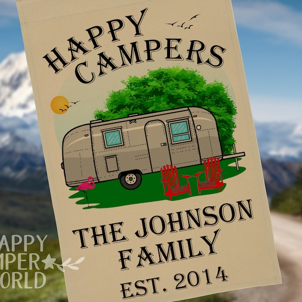 Happy Campers Personalized Camping Garden Flag with Small, Medium or Large Airstream, Includes 3 Lines of Custom Text