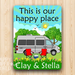 Personalized Aluminum Wall Sign, This Is Our Happy Place,  Class B Motor Home in choice of 6 colors, Measures 12&quot;H X 9&quot;W